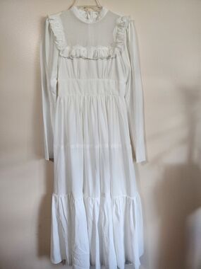 Womens White Ruffle Yoke Long Sleeve Dress